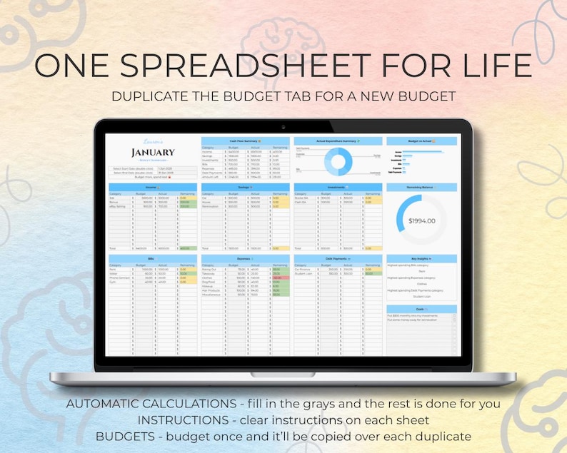 May include: A laptop displays a budget spreadsheet for January, with blue and yellow highlighted sections. The text "ONE SPREADSHEET FOR LIFE" and "DUPLICATE THE BUDGET TAB FOR A NEW BUDGET" are at the top. Additional text includes "AUTOMATIC CALCULATIONS", "INSTRUCTIONS", and "BUDGETS".