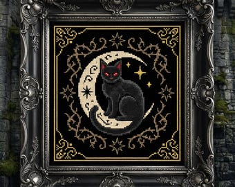 Patrón de punto de cruz de gato negro gótico • Luna creciente de bruja (patrón PDF)