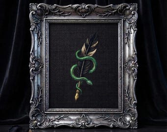 Patrón de punto de cruz de la serpiente de pluma de Dark Academia para escritores góticos y decoración mística del hogar