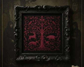 Patrón de punto de cruz del árbol de la vida gótico • Animales del bosque en rojo • Bordado de caza medieval • Decoración Dark Academia • Gráfico PDF digital