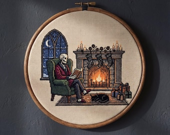 Patrón de punto de cruz navideño gótico en PDF, esqueleto leyendo junto a la chimenea, bordado navideño espeluznante