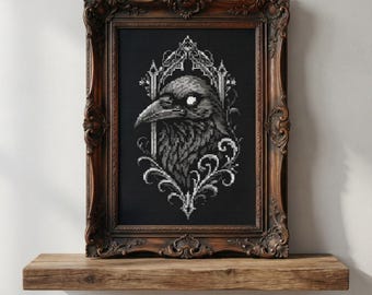 Patrón de punto de cruz "Cuervo en marco gótico", bordado Dark Academia (gráfico en PDF)