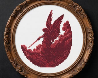 Patrón de punto de cruz de Ángel Caído, bordado monocromático rojo (gráfico en PDF)