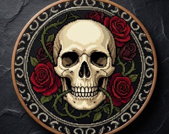 Patrón de punto de cruz de calavera gótica, bordado floral oscuro de bruja en PDF, decoración de pared moderna y espeluznante