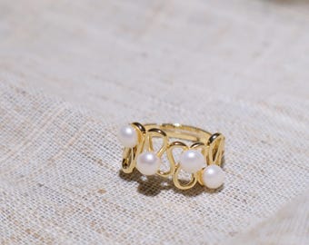 Barockperlenring, organischer Perlenring, Süßwasserperlenring, offener Ring, 14 Karat vergoldet, Statement-Ring