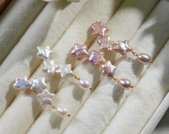 Star Pearl Stud Earrings, Handmade Multi Star Pearl Drop Earrings