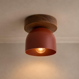 Rustic Flush Mount Ceiling Light | Wood & Metal Ceiling Lamp | Modern Farmhouse Lighting | Minimalist Bedroom Hallway Fixture