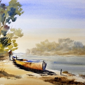 11x15 Simple Boat landscape - Original Watercolor Painting