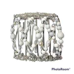 African Butterfly Beaded Wire Comb Hair Clip Size 9 Prongs White Crystal, Pearl & Wood Beads