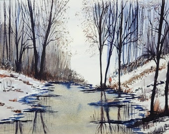 11x15 Icy River Winter Forest Landscape - Original Watercolor Painting