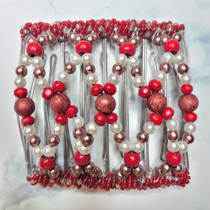African Butterfly Beaded Wire Comb Hair Clip Size 9 Prongs Red, Rose Gold and Pearl White Beads