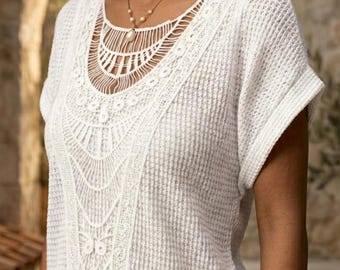 Boho Crochet Lace Blouse – Women's Summer Knit Top, Casual Short Sleeve Bohemian Shirt