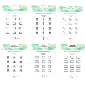 May include: A set of six illustrated savings challenge charts. Each chart features a different goal, such as books, a movie, shoes, an outing, a vacation, and a television. The charts have a watercolor-style background.