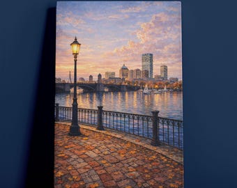 Boston Canvas Wall Art, Harbor Sailboats & Brick Rowhouses, Vintage Travel Poster, Gift