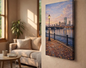 Boston Canvas Wall Art, Harbor Sailboats & Brick Rowhouses, Vintage Travel Poster, Gift