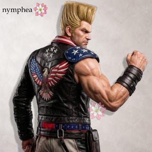 Könnte beinhalten: Detaillierte Illustration einer muskulösen Figur in einer schwarzen Lederjacke mit einem Adlerdesign der amerikanischen Flagge auf dem Rücken. Die Jacke hat einen rot-weiß-blauen Kragen und Schulterpolster mit Sternen. Die Figur hat eine blonde, stachelige Frisur und ballt die Faust.