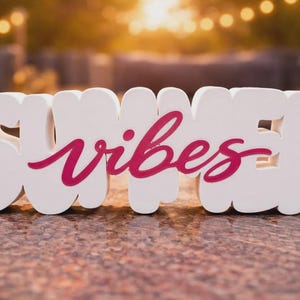 Könnte beinhalten: Ein weißes Holzschild mit dem Wort "SUMMER" in großen, abgerundeten Buchstaben. Das Wort "vibes" ist in einer kursiven, magenta Schrift über die Mitte des Schildes geschrieben. Das Schild steht auf einer strukturierten, braunen Oberfläche.