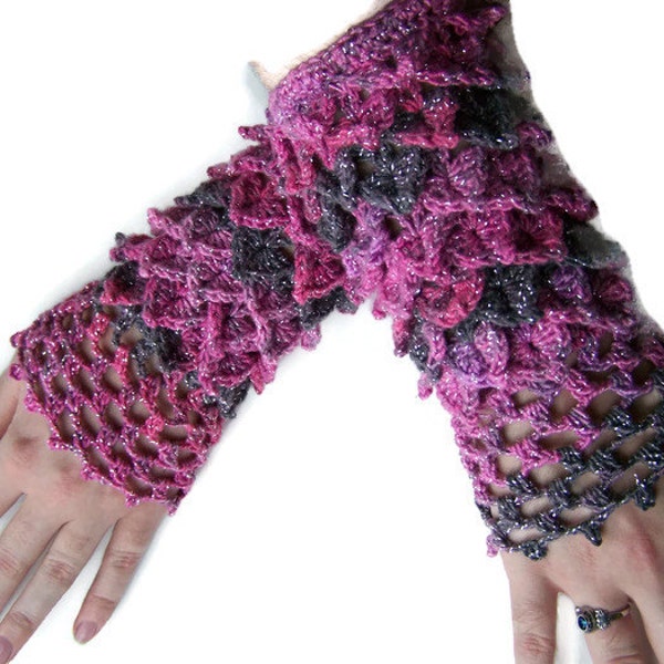 Mermaid Scales/Dragon Scales Arm Warmers/Wristers/Cuffs/Fingerless Gloves, Hand Crocheted in Pink & Grey with Metallic Accents