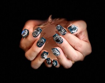 Obsidian Covenant Press On Nails | Handmade Gothic Luxury Short Square Nails | Dark Blue Gemstone Nail Art | Reusable False Nails Gift
