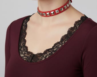 Gargantilla de piel sintética con tachuelas: collar gótico punk ajustable, negro o rojo