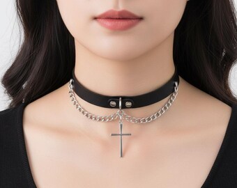 Gothic Cross Faux Leather Choker – Punk Adjustable Necklace