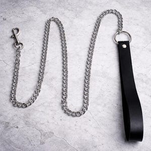 Midnight Chain Leash – Gothic Silver Chain with Faux Leather Handle for Halloween Costume & Cosplay | Accessory Only, Black or Red