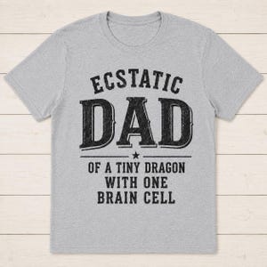 May include: A heather gray short-sleeve t-shirt featuring black distressed text that reads ECSTATIC DAD OF A TINY DRAGON WITH ONE BRAIN CELL. The design includes a small star centered between the lines of text on the front of the garment.