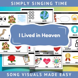 Puede incluir: Un conjunto de ayudas visuales para una canción titulada "I Lived in Heaven". Las imágenes incluyen ilustraciones de una casa, la Tierra y otros símbolos. El texto incluye palabras como "amor", "vida" y "hermoso".