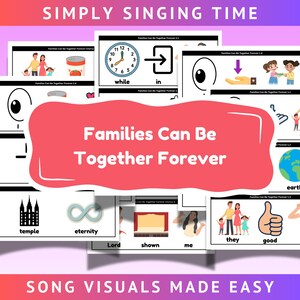 Könnte beinhalten: Eine Sammlung visueller Hilfsmittel für das Lied "Families Can Be Together Forever". Die Bilder zeigen eine Uhr, eine Tür, ein Auge, eine Hand, Kinder, einen Tempel, ein Unendlichkeitssymbol, eine Familie und einen Daumen hoch. Text enthält "Simply Singing Time" und "Song Visuals Made Easy."