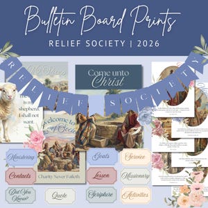 Può includere: Una collezione di stampe per bacheca con il testo "Bulletin Board Prints" e "RELIEF SOCIETY | 2026". Le stampe presentano immagini religiose, decorazioni floreali e etichette con parole come "Ministering", "Goals" e "Scripture".
