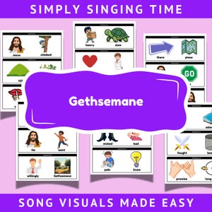 May include: A set of flashcards with the text "Simply Singing Time" and "Song Visuals Made Easy." The cards display illustrations and words such as "Jesus," "climbed," "heavy," "slow," and "Gethsemane," intended for educational use.