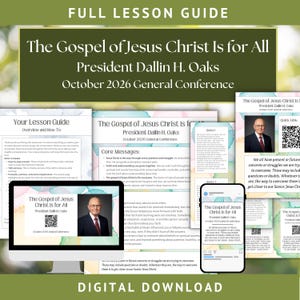 Könnte beinhalten: Ein digitaler Lektionsleitfaden mit dem Titel The Gospel of Jesus Christ Is for All von Präsident Dallin H. Oaks von der Generalkonferenz im Oktober 2026. Das Set enthält gedruckte Seiten, einen Computermonitor und ein Smartphone.