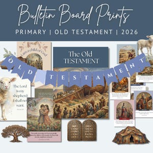 May include: A collection of "Bulletin Board Prints" featuring illustrations and text related to the Old Testament. The prints include images of a lamb, a tree, and biblical scenes. The text includes "I am a child of God" and "The Old Testament."