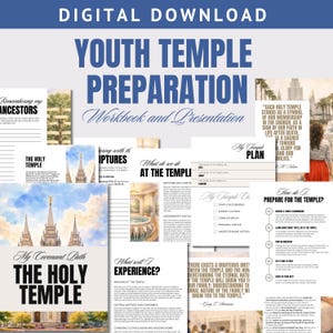 May include: A digital download titled "Youth Temple Preparation" with workbook and presentation materials. The image features various pages with text and illustrations related to temple preparation, including "The Holy Temple" and "My Covenant Path."