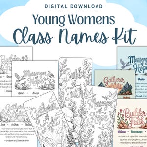 Può includere: Download digitale di un kit di nomi di classe per giovani donne. Il kit include diversi design con illustrazioni floreali e di colombe, e frasi come "Builder of Faith" e "Gatherer of Light". I design sono in bianco e nero.