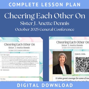 以下が含まれることがあります： 「Cheering Each Other On」というタイトルのデジタルダウンロードレッスン計画。Sister J. Anette Dennis著。デザインはテキストと女性の写真が特徴です。レッスン計画には、重要なメッセージとテイクアウトが含まれています。