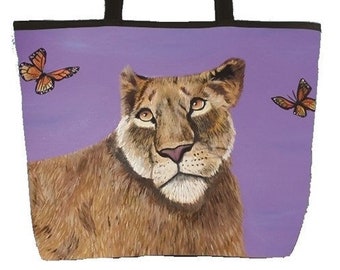 Lioness Large Handbag, Tote Bag  - Support Wildlife Conservation, Read How - From My Painting, Curiosity