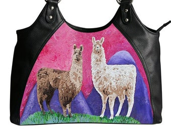 Llama Vegan Leather Shoulder Bag, Retro Handbag  by Salvador Kitti - Stylish Modern Shoulder Bag - From My Painting, Andeans-Sale