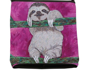 Sloth Large Cross Body Bag, by Salvador Kitti - Support Wildlife Conservation, Read How - From My Painting, Leisurely Life