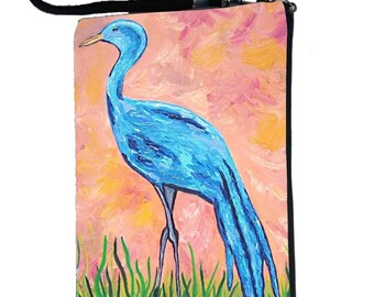 Blue Crane Pouch with detachable strap - Salvador Kitti, From My Original Painting, Paradise Crane