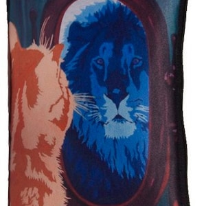 May include: A blue and orange zippered pouch with a mirror featuring a lion's face. The lion is looking at a cat on the left side of the pouch.