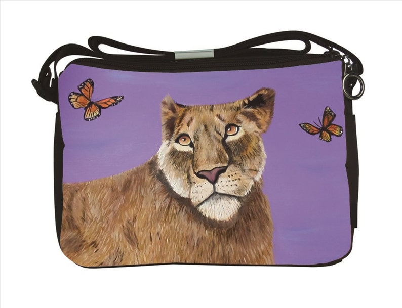 Read How From My Original Painting Curiosity- Support Wildlife Conservation Lioness Large Messenger Bag by Salvador Kitti