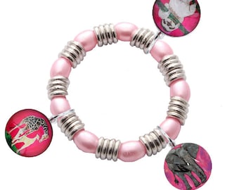 Pink Animal Charm Stretch Bracelet for Young Girl by Salvador Kitti - Sloth, Elephant and Giraffe