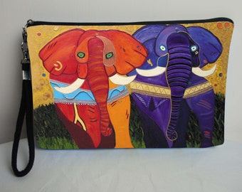 Elephants wristlet with detachable strap  -Support Wildlife Conservation, Read How -  From my Original Oil Painting, Pride