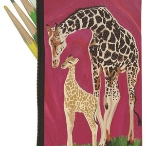 May include: A pink zippered pencil case with a colorful illustration of a mother giraffe and her baby giraffe. The giraffes are standing on green grass against a pink background.