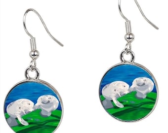 Manatee Earrings - From My painting, Best Friends by Salvador Kitti