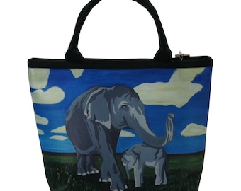 Elephants Small  Handbag, Asian Elephants Small Purse- From my Original Oil Painting, Gentle Giants