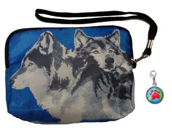 SALE!Wolves Zip Top Wristlet with Paw Print Charm - Salvador Kitti - From My Painting, Spirited Pack