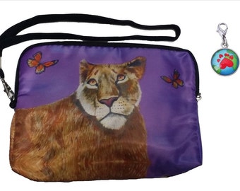 SALE!Lioness Zip Top Wristlet with Paw Print Charm - Salvador Kitti - From My Painting, Curiosity