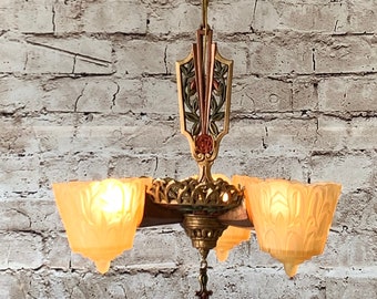 RESTORED  Vintage Art Deco Chandelier with Rose Pattern and Amber Shades!  Vintage 1920s!   #1901